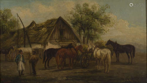 J. Stone - Horses feeding in Landscapes, a pair of 19th century oils on panel, both signed, each