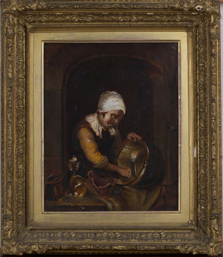 Follower of Godfried von Schalken - Woman cleaning a Pan, oil on panel, inscribed 'G. Schalken