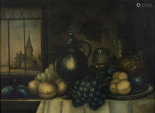 J.V.O., European School - Still Life of a Laden Tabletop beside a Window, 19th century oil on panel,