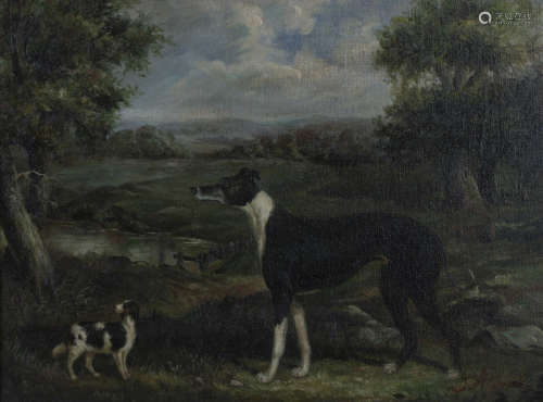 J. Alfred - Two Dogs in a Landscape, late 20th century oil on canvas, possibly over a printed