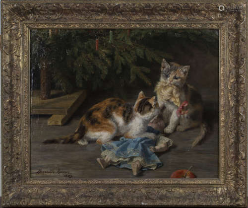 Henriette Ronner-Knip - Two Tortoiseshell Kittens playing with a Doll beneath a Christmas Tree,