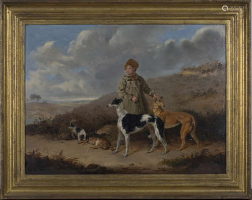 Edmund Bristow - 'A Boy holding Two Coursing Greyhounds', 19th century oil on panel, indistinctly