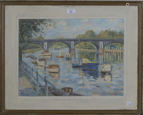 J. Knizke - View along a River with Moored Boats, oil on board, indistinctly signed, 34cm x 46.5cm ,