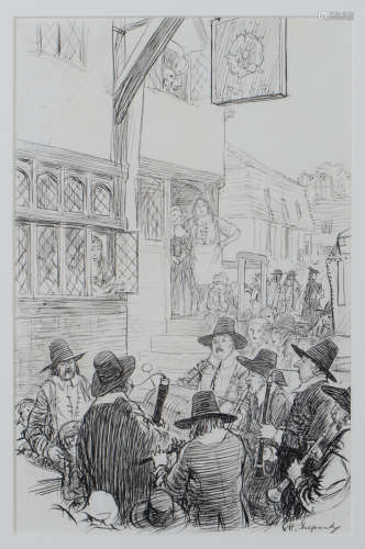 Ernest Howard Shepard - 'The Town Musique (Cambridge)', pen and ink over pencil traces, signed, 27.