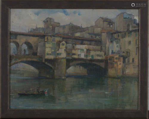 British School - View of the Ponte Vecchio, Florence, 20th century oil on canvas-board, indistinctly