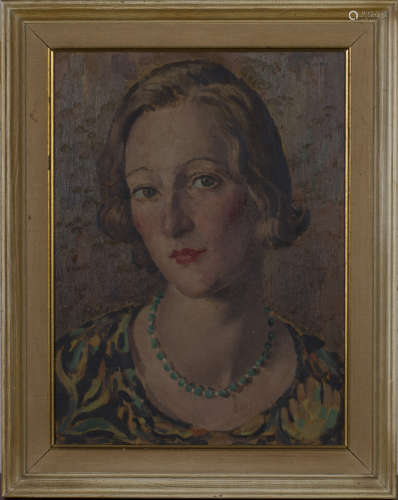 Circle of Neville Lewis - Head and Shoulders Portrait of a Woman wearing a Bead Necklace, oil on