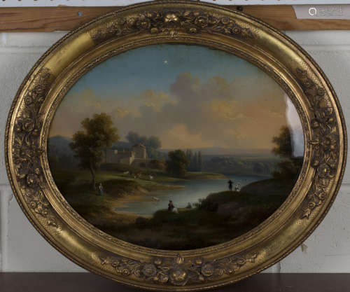 Continental School - Figures and Animals on the Bank of a River in a Rural Landscape, reverse
