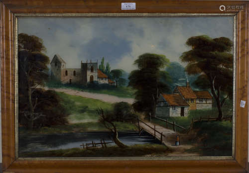 British Primitive School - Landscape with House and Ruined Church, reverse painting on glass, 38cm x