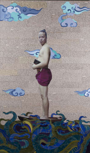 Tenzing Rigdol - Man in a Boat, mixed media including appliqué and screenprint on canvas, 153cm x