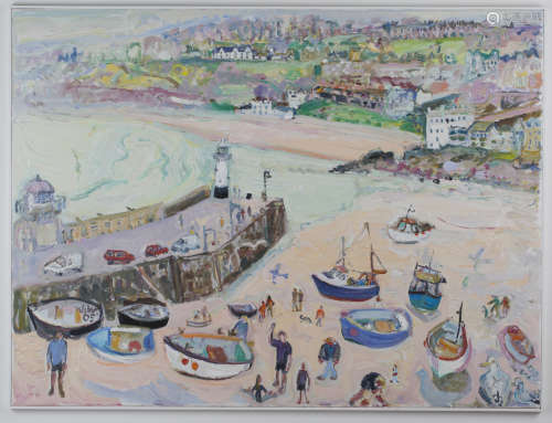 Linda Weir - 'Waving, St Ives Harbour', oil on canvas, signed with initials and dated '05 recto,