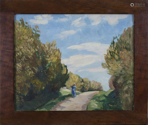 Stuart Scott Somerville - Figure on a Country Lane, oil on board, signed and dated 1931, 24cm x