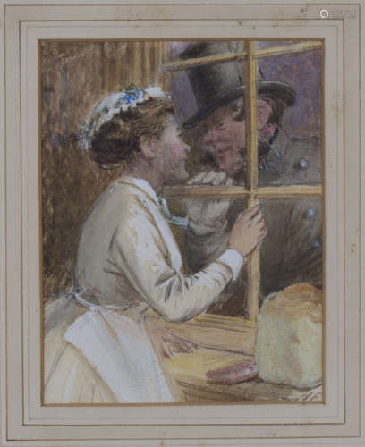 H.F., British School - Maid and Gentleman gazing at each other through a Window, watercolour and