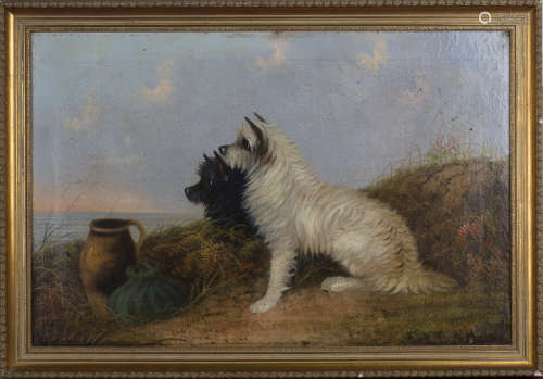 'J. Langlois' [W. Gregory] - Two Terriers looking out to Sea, oil on canvas, signed, 49.5cm x 75.