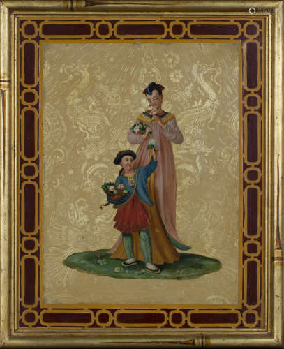 Wilfred F. Frost - Mother and Child with Flowers on a Chinoiserie Patterned Background, mid-20th