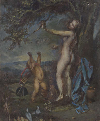 Continental School - Diana and Cupid, oil on canvas, 29.5cm x 24cm, within a gilt composition