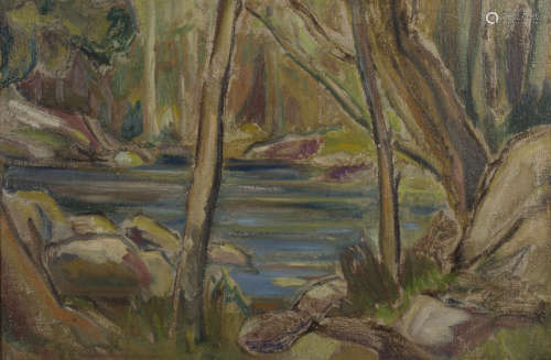 Follower of John Maclauchlan Milne - View of a Pool of Water in a Woodland, oil on canvas, Still