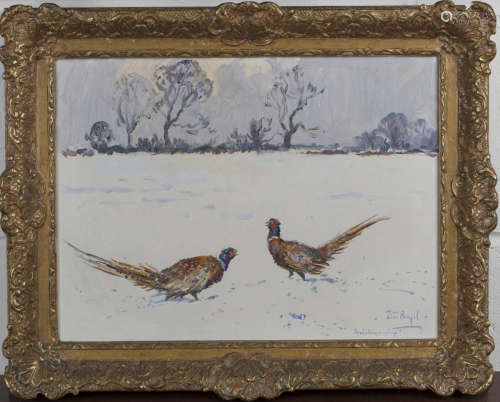 Peter Biegel - 'Brinkmanship' (Pheasants in a Snowy Landscape), 20th century oil on canvas, signed