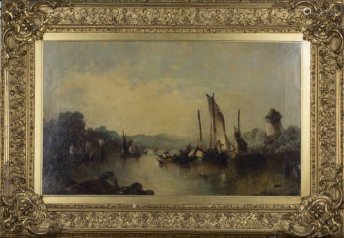 Alfred Montague - River Scene with Figures in Boats, oil on canvas, indistinctly signed and dated