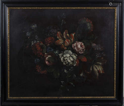 Follower of Pieter Casteels III - Still Life with Parrot Tulips, Roses and Chrysanthemums, late