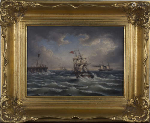 J. de Maré - British Sailing Vessel and French Paddle Steamer in Coastal Waters, oil on canvas,
