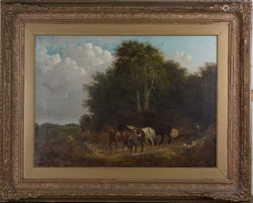 Norwich School - Landscape with Logging Team, and View of a Barge on the Broads, a pair of 19th