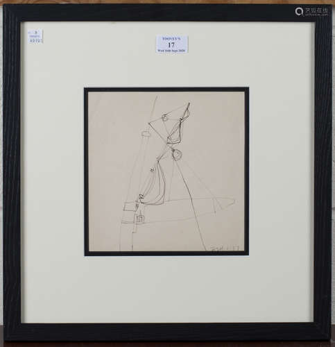 Trevor Bell - Abstract, pen and ink, signed and dated 6.57, 19cm x 19cm, within a stained wood