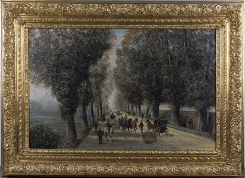 Continental School - View along a Busy Park Avenue, oil on canvas, indistinctly signed, 66cm x 102.