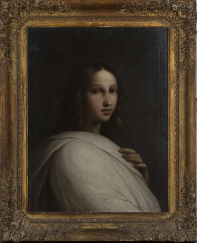 Follower of Guido Reni - Portrait of a Young Woman wearing a White Cloak, her Hand on her