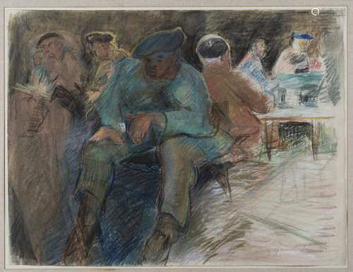 Lindy Guinness - 'Interior of Bar, Samos', charcoal and pastel, signed, dated Samos 1982 recto,