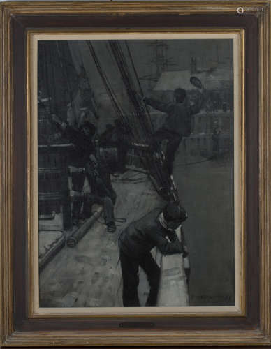 Frank Brangwyn - 'Return to Harbour', monochrome oil on canvas, signed and dated '89 recto, titled