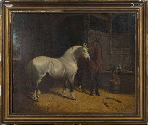 Attributed to John Frederick Herring Junior - Two Horses in a Stable Interior beside Rabbits and