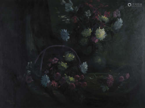 Robert Hou - Still Life with Chrysanthemums in a Basket and Vase, late 20th century oil on canvas,