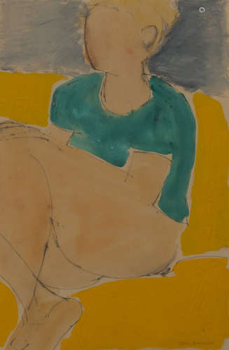 John Emanuel - Figure on a Yellow Sofa, late 20th century watercolour and ink, signed, 53.5cm x 35.
