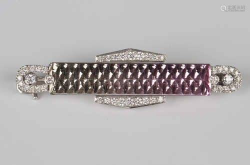 A diamond and vari-coloured tourmaline brooch, mounted with the rectangular vari-coloured tourmaline