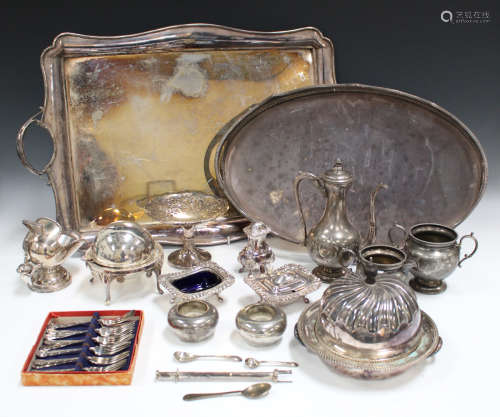 A collection of assorted plated items, including a two-handled tray, an oval gallery tray and a