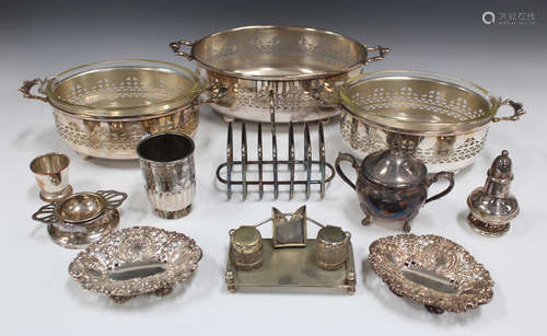 A collection of assorted plated items, including a pair of late Victorian bonbon dishes with cast