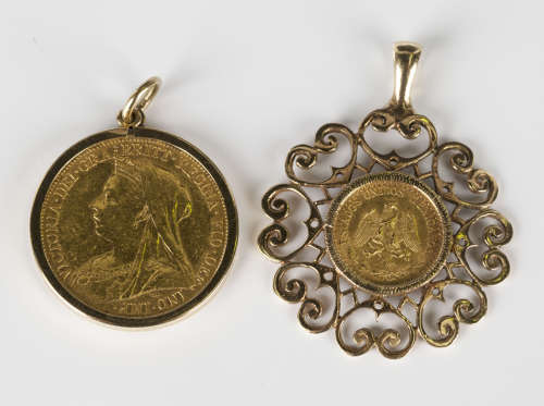 A Victoria Old Head sovereign 1900M, in a 9ct gold pendant mount, and a Mexico two pesos 1945, in