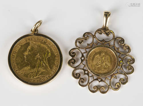 A Victoria Old Head sovereign 1900M, in a 9ct gold pendant mount, and a Mexico two pesos 1945, in