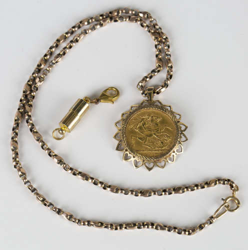 A George V sovereign 1913, in a 9ct gold pendant mount, London 1979, with a gold neckchain on a