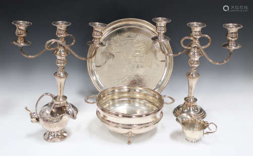 A small collection of assorted plated items, including a pair of plated on copper twin-branch
