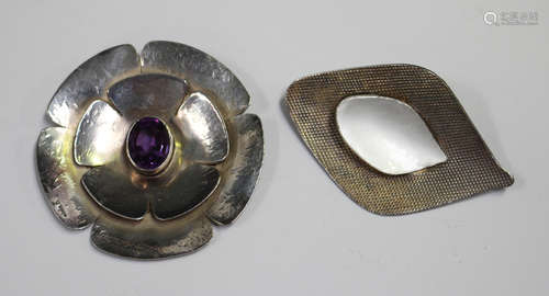 A Norwegian sterling silver and white enamelled brooch by J. Tostrup, width 7cm, a .925 silver