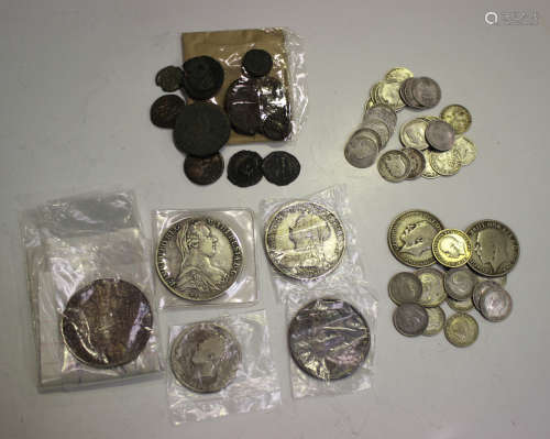 A group of British and foreign coins, including a George IV crown 1821, a Victoria Old Head crown
