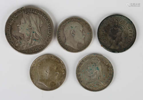 A Victoria Old Head crown 1896, a Victoria Jubilee Head florin 1887, two Edward VII florins 1910 and