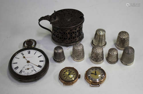 A group of seven silver thimbles, a silver oval mustard, a silver cased gentleman's pocket watch and