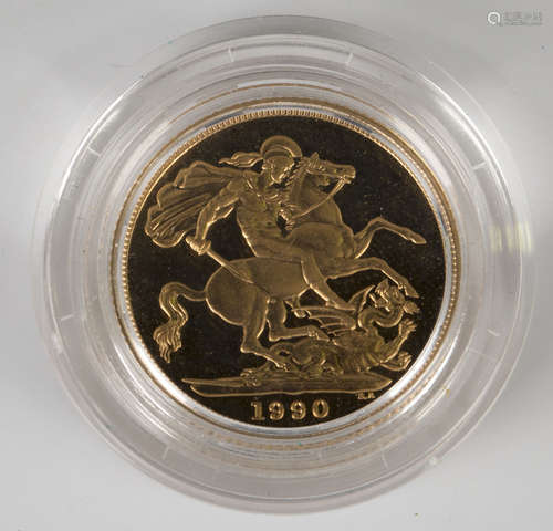 An Elizabeth II proof sovereign 1990.Buyer’s Premium 29.4% (including VAT @ 20%) of the hammer