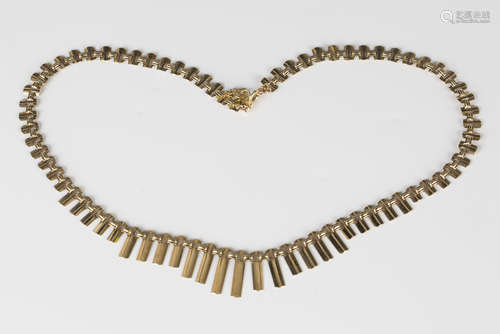 A 9ct gold collar necklace, the front in a graduated curved bar link design, on a boltring clasp,