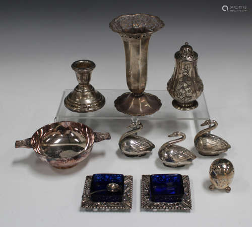 A small group of silver items, including a Victorian pounce pot, London 1859, height 9cm, a