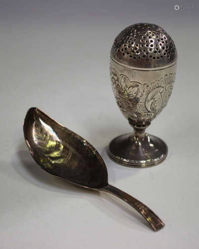 A George III silver pounce pot, the ovoid body and pierced dome cover chased with flowers and