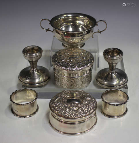 A small group of silver items, comprising an embossed circular box and cover, Birmingham 1896,