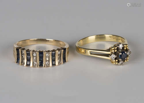 A 14ct gold, sapphire and diamond half-hoop ring, mounted with five rows of three square cut